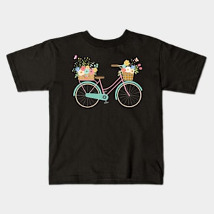 Vintage Bicycle With Bike Basket Overflowing Spring Flowers Kids T-Shirt